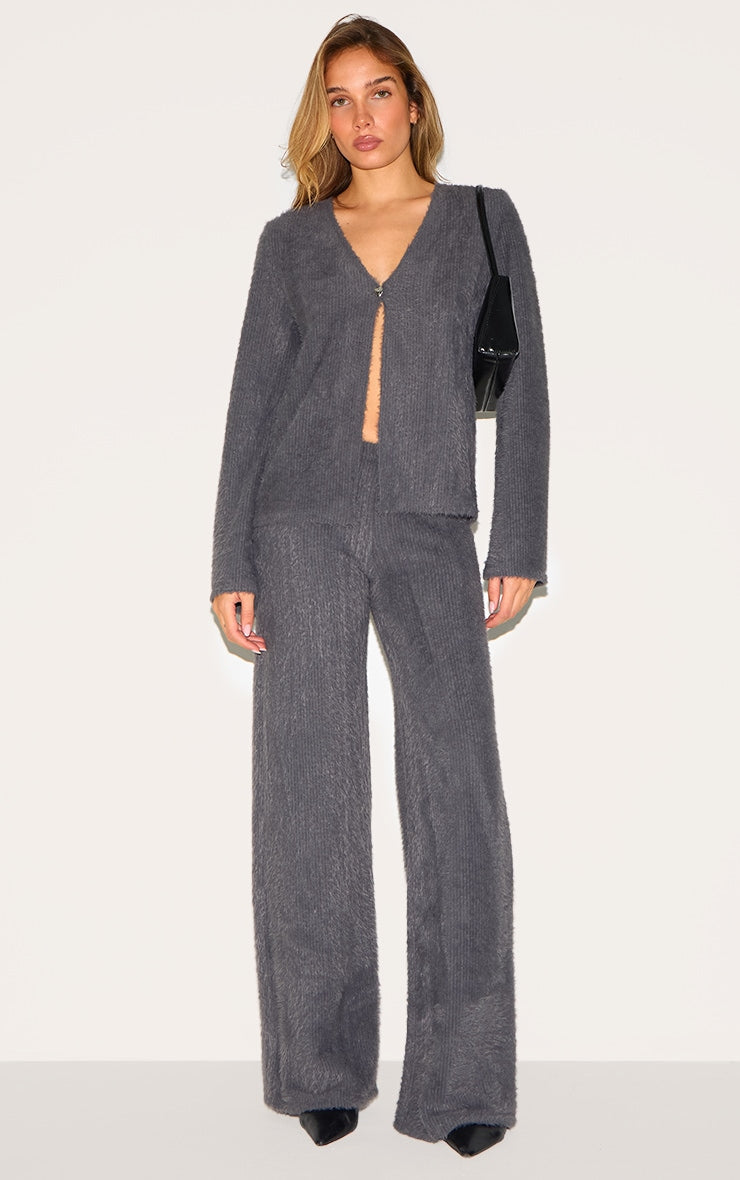 Charcoal Textured Wide Leg Low Rise Trousers