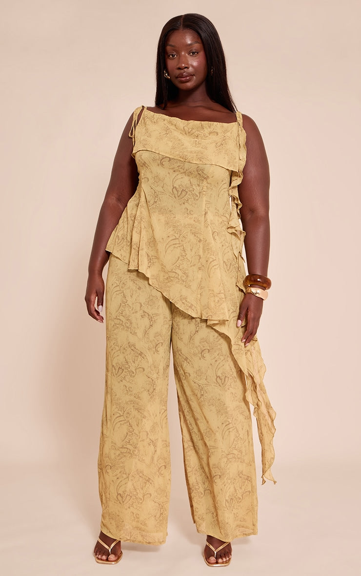 Plus Chartreuse Abstract Print Chiffon Straight Leg Trousers