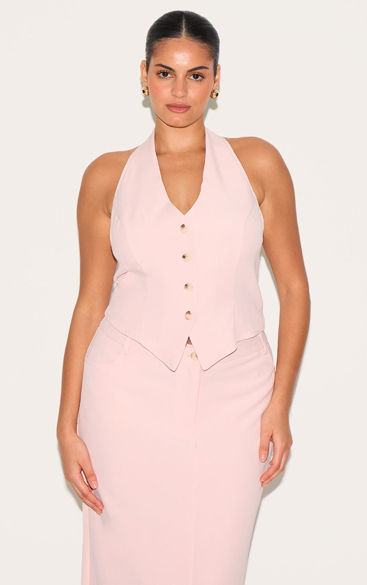 Plus Light Pink Tailored Woven Backless Halterneck Waistcoat