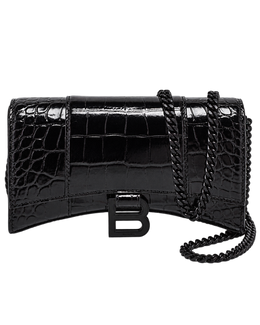 Balenciaga Black Croc Embossed Leather Hourglass Wallet On Chain