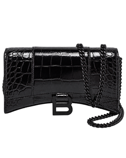 Balenciaga Black Croc Embossed Leather Hourglass Wallet On Chain