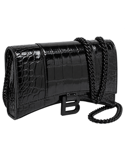 Balenciaga Black Croc Embossed Leather Hourglass Wallet On Chain