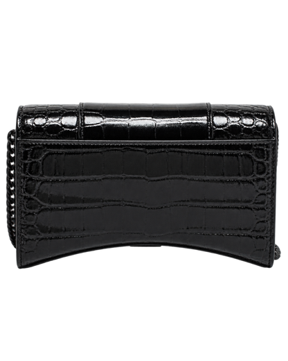 Balenciaga Black Croc Embossed Leather Hourglass Wallet On Chain
