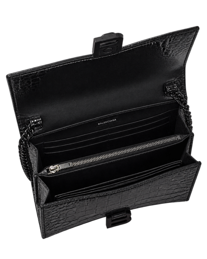Balenciaga Black Croc Embossed Leather Hourglass Wallet On Chain