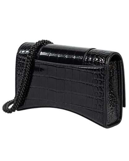 Balenciaga Black Croc Embossed Leather Hourglass Wallet On Chain