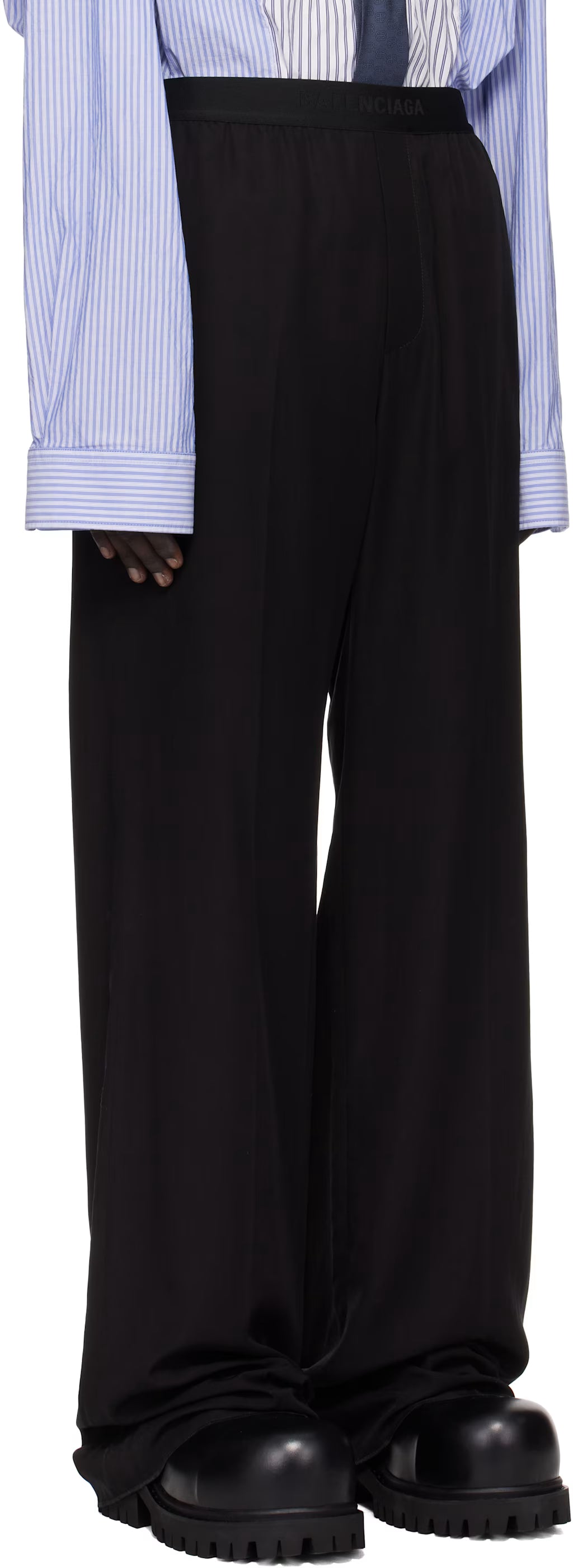 Black Fluid Poplin Large Elastic Trousers