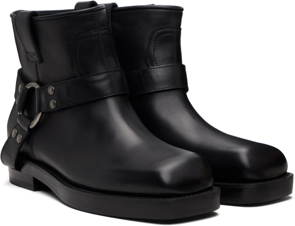 Black Calfskin Leather Biker Ankle Boots