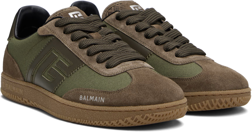 Balmain Khaki & Brown Leather & Canvas Swan Sneakers