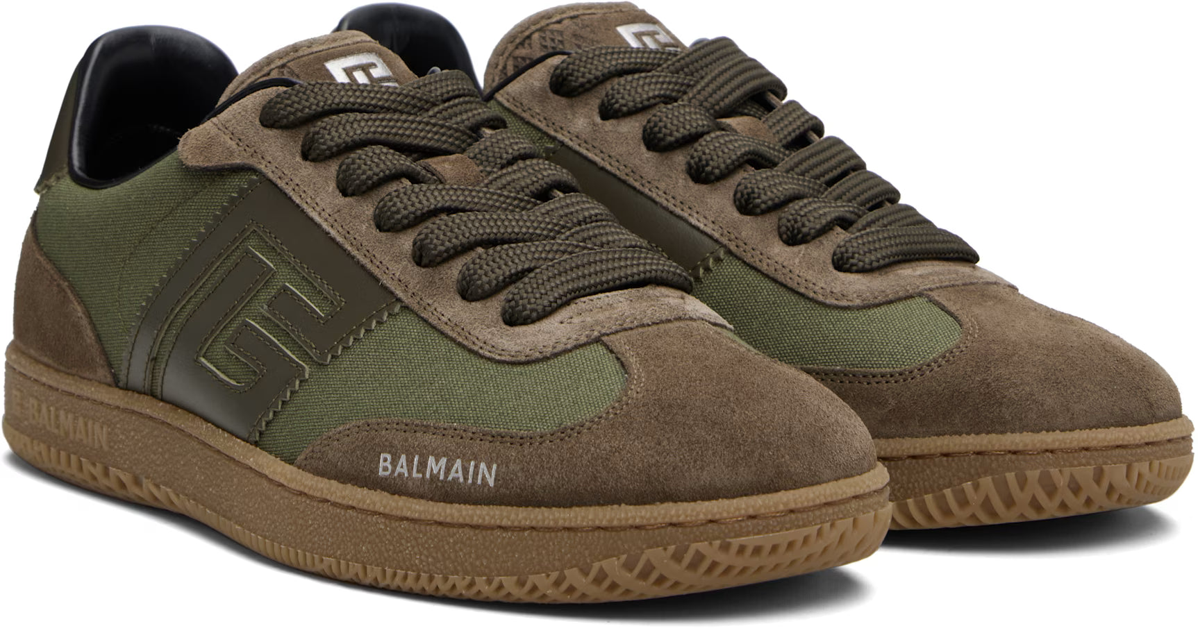 Balmain Khaki & Brown Leather & Canvas Swan Sneakers