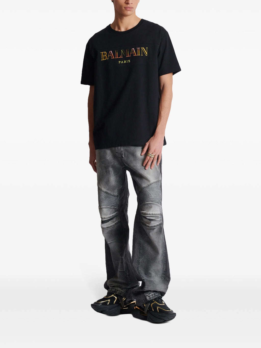 Balmain Paris Multi-Coloured Embroidered Logo Oversized T-Shirt in Black