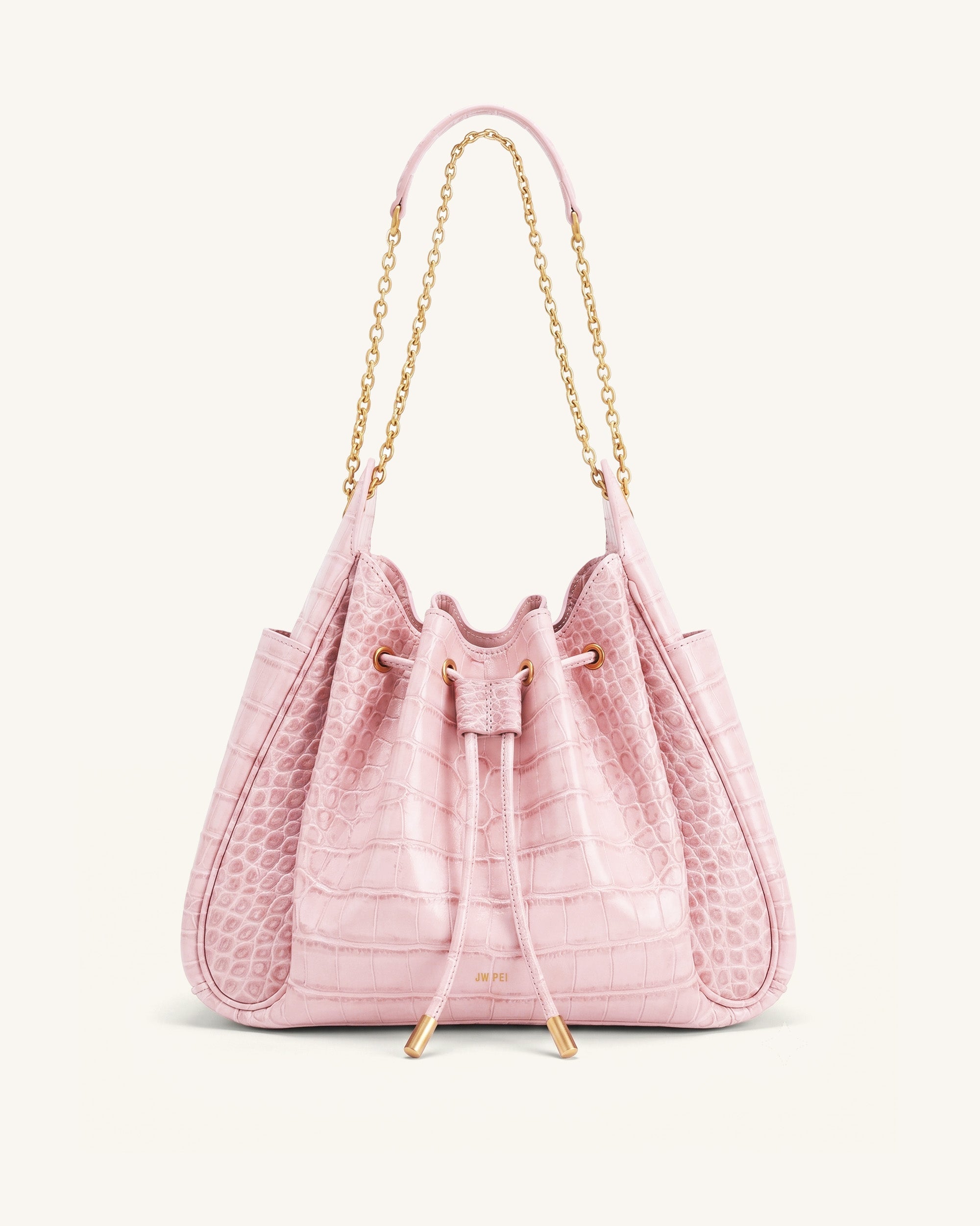 Rowan Ruched Drawstring Chain Bucket Bag - Dark Red Croc