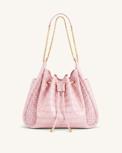 Rowan Ruched Drawstring Chain Bucket Bag - Dark Red Croc