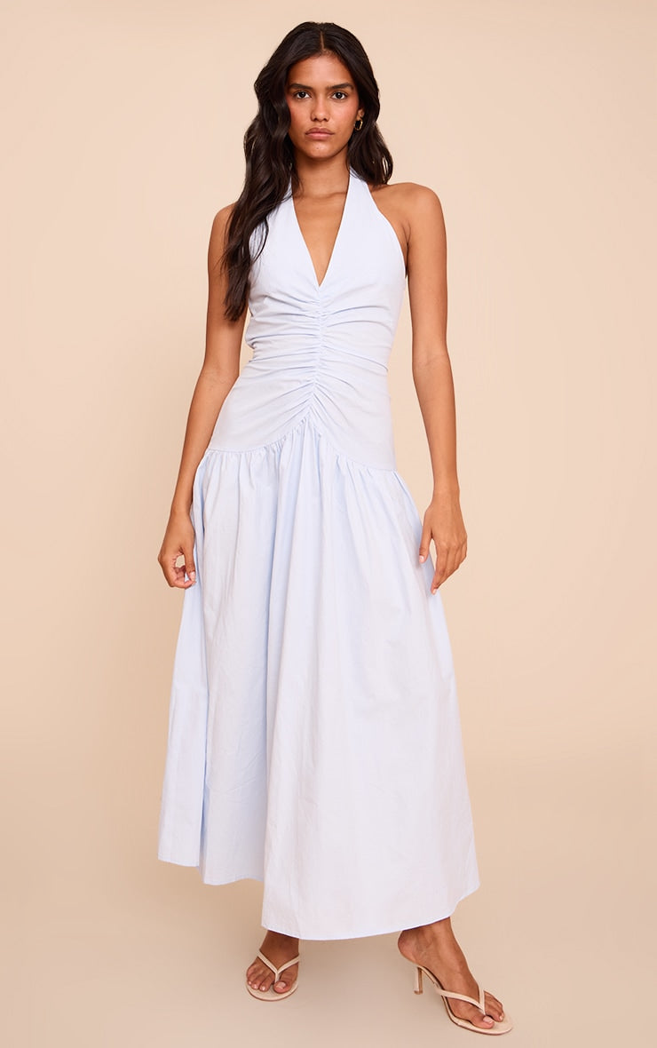 Blue Woven Ruched Detail Maxi Dress