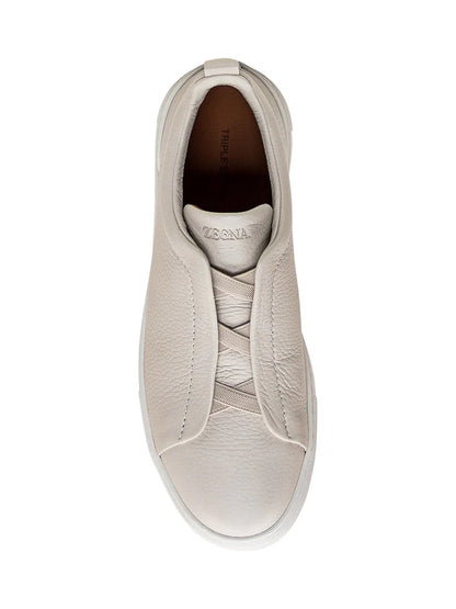 Zegna Men’s Cream Grained Leather Slip-On Sneakers – White Sole, Minimal Design