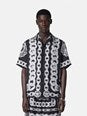 Versace Black and White Bowling Shirt with Cuban Collar and All-Over Chain-Link Print in Silk Man