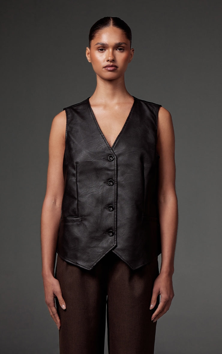 Black Faux Leather Oversized Waistcoat
