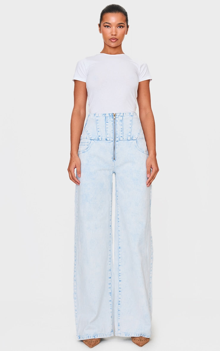 Light Blue Acid Wash Seam Detail Corset Waist Jeans