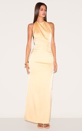 Butter Yellow Satin Halter Flared Maxi Dress