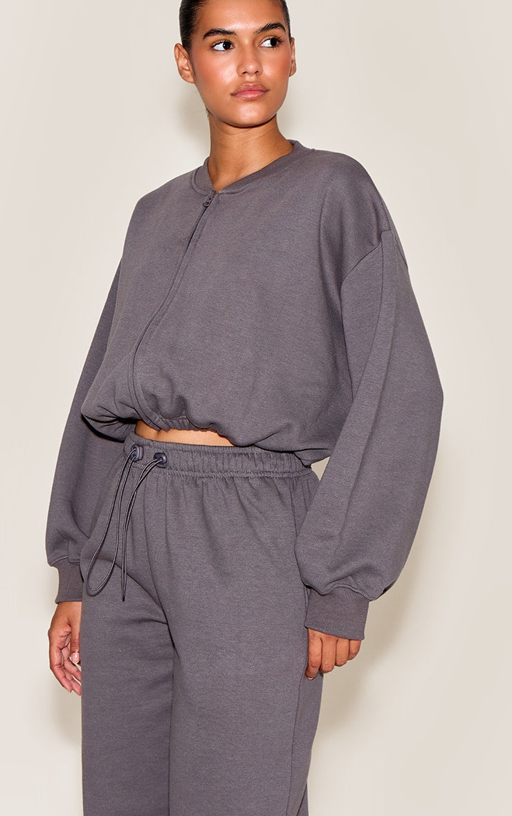 Charcoal Drawcord Waist Crop Zip Up Sweatshirt
