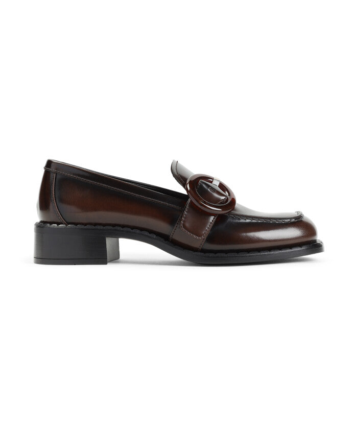 Prada Glossy Brown Buckle Detail Loafers
