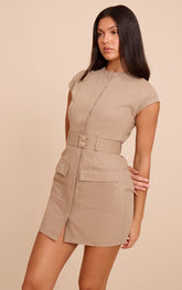 Taupe Woven Utility Pocket Detail Mini Dress