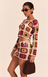 Petite Multi Crochet Knit Long Sleeve Top