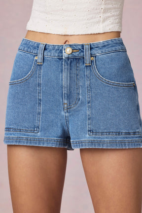 High-Waist A-Line Shorts in Mid-Blue Wash