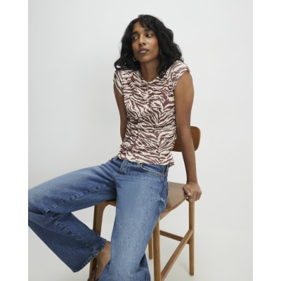 Beige Animal Print Fitted T-Shirt