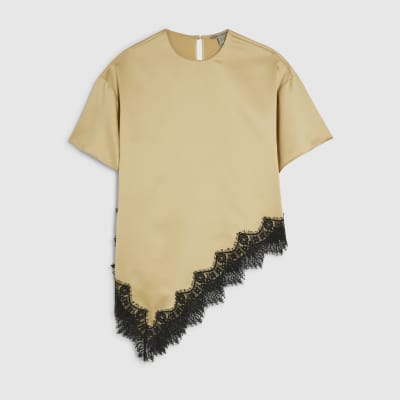 Beige Asymmetric Lace Satin T-Shirt