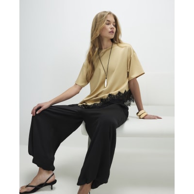 Beige Asymmetric Lace Satin T-Shirt