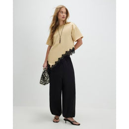Beige Asymmetric Lace Satin T-Shirt
