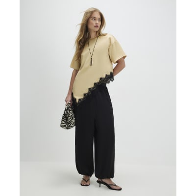 Beige Asymmetric Lace Satin T-Shirt