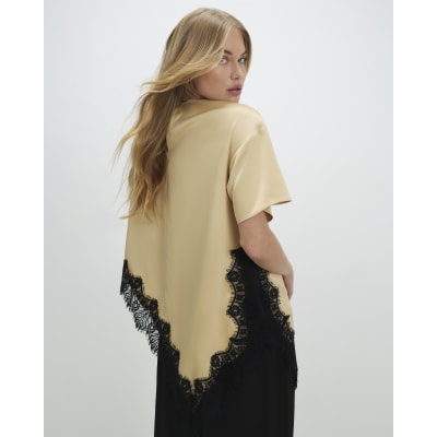 Beige Asymmetric Lace Satin T-Shirt