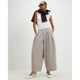 Beige Barrel Leg Pleated Trousers
