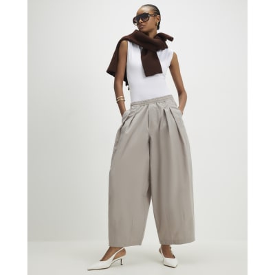 Beige Barrel Leg Pleated Trousers