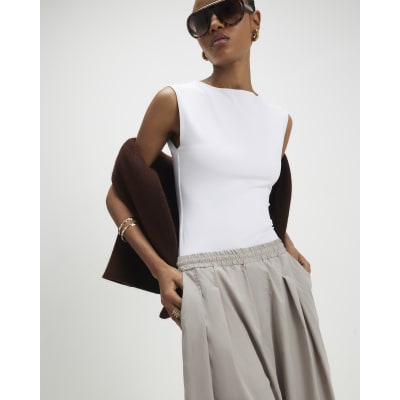 Beige Barrel Leg Pleated Trousers