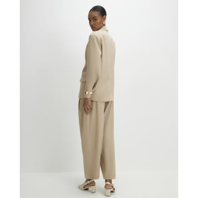 Beige Barrel Leg Tailored Trousers