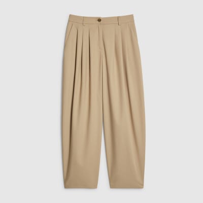 Beige Barrel Leg Tailored Trousers