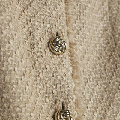 Beige Boucle Fringed High Neck Waistcoat