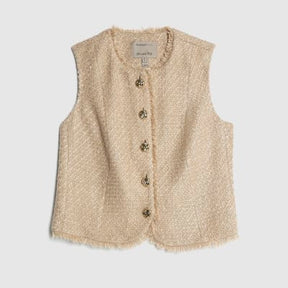 Beige Boucle Fringed High Neck Waistcoat