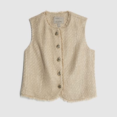 Beige Boucle Fringed High Neck Waistcoat