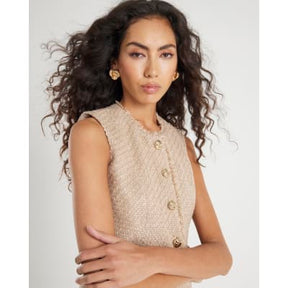 Beige Boucle Fringed High Neck Waistcoat