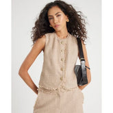 Beige Boucle Fringed High Neck Waistcoat