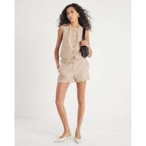 Beige Boucle Fringed High Neck Waistcoat