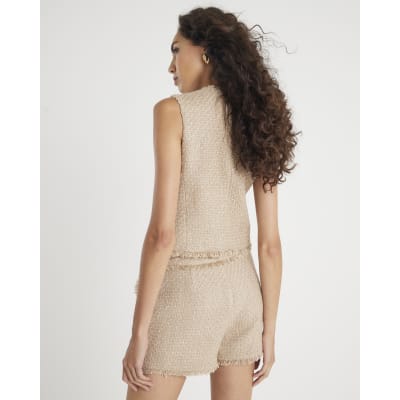 Beige Boucle Fringed Shorts