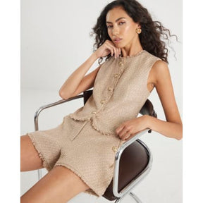 Beige Boucle Fringed Shorts