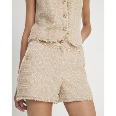 Beige Boucle Fringed Shorts