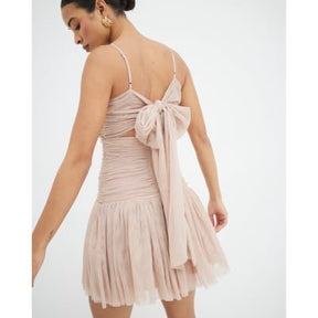 Beige Bow Back Cut Out Tulle Mini Dress