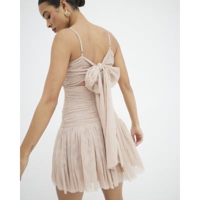 Beige Bow Back Cut Out Tulle Mini Dress