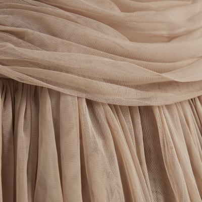 Beige Bow Back Cut Out Tulle Mini Dress